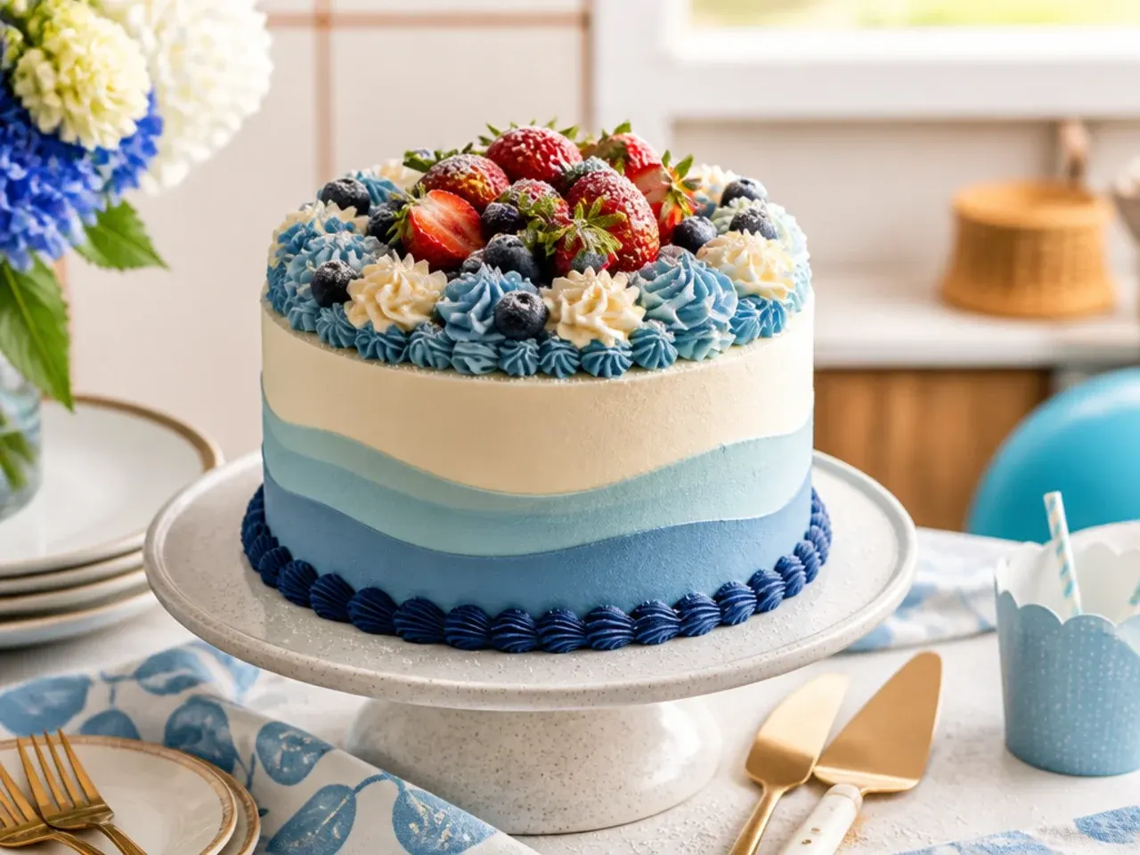Cake split down the middle with blue buttercream on one half and orange buttercream on the other