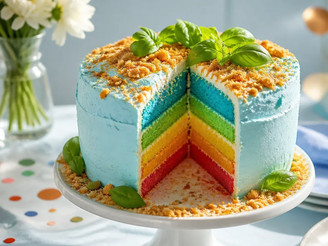 Cut slice of blue-iced cake revealing rainbow-coloured sponge layers inside