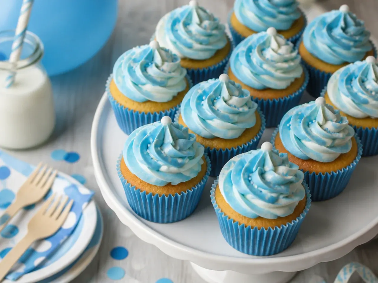Batch of quickly iced blue buttercream cupcakes topped with paw-print sprinkles