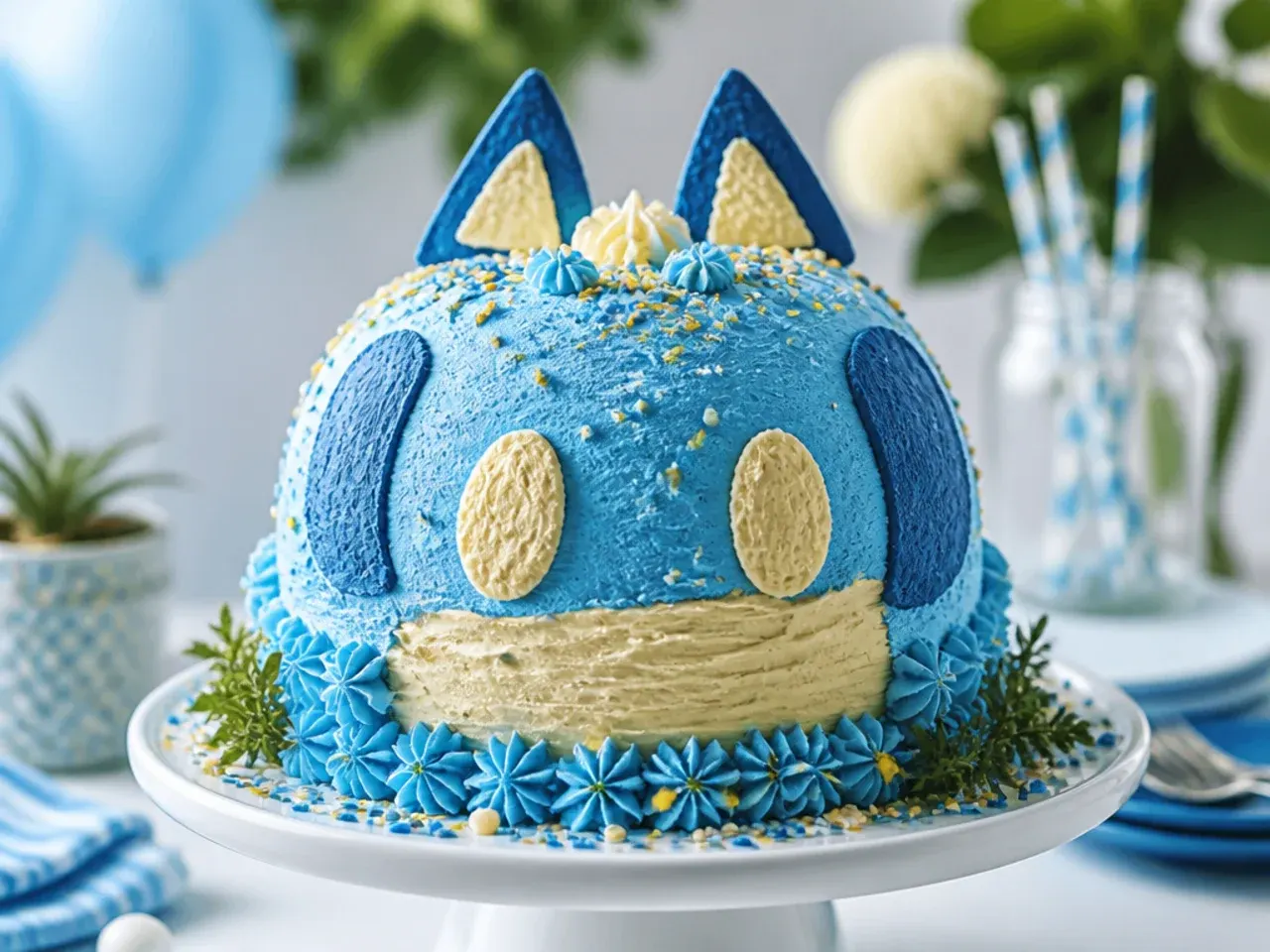 Sphere-shaped cake iced in blue with orange stripes, resting on tinted green coconut to look like a ball on grass