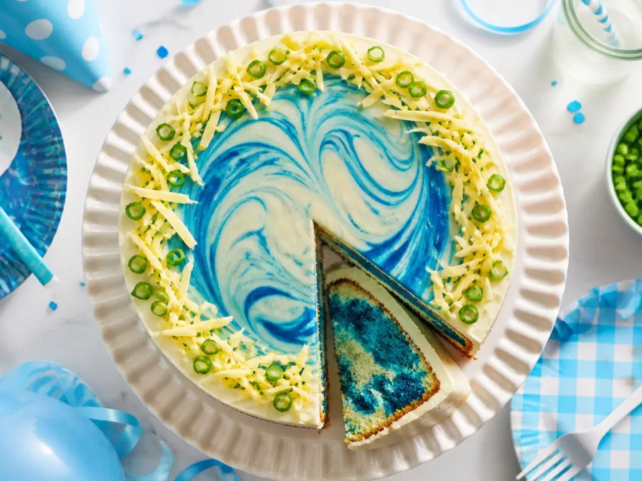 Slice of marbled blue-and-white sponge cake next to a whole cake iced in plain white buttercream