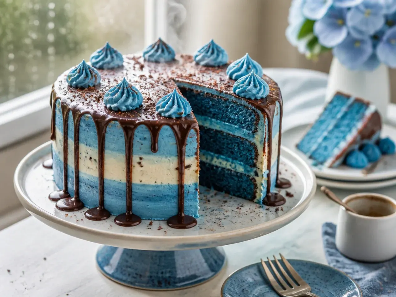 Pale blue cake with chocolate ganache drips running down the sides and small white fondant clouds on top
