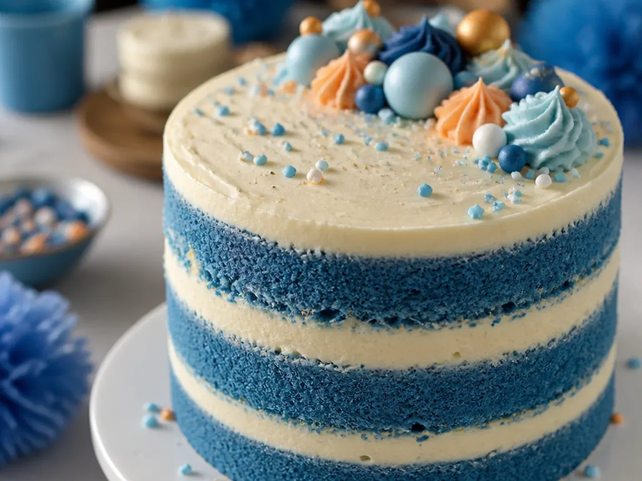 Semi-naked cake with exposed sponge and thin vertical navy buttercream stripes