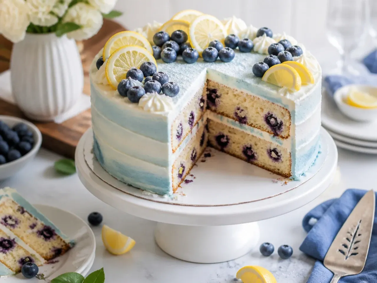 Cross-section of a blueberry-speckled cake with pale blue lemon buttercream frosting