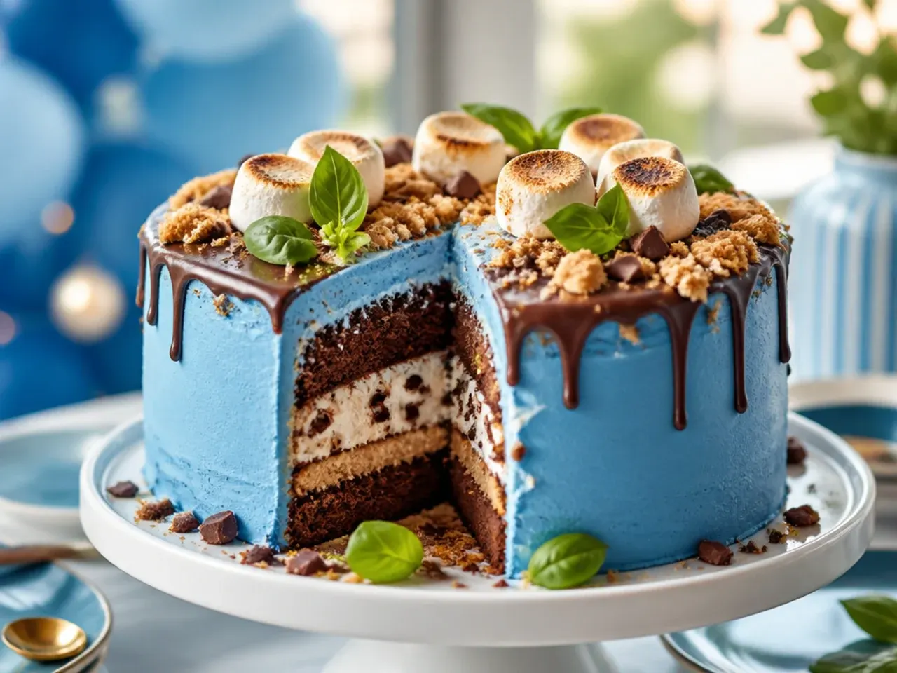 Cake with toasted marshmallows and chocolate drizzle around the base, iced in blue buttercream