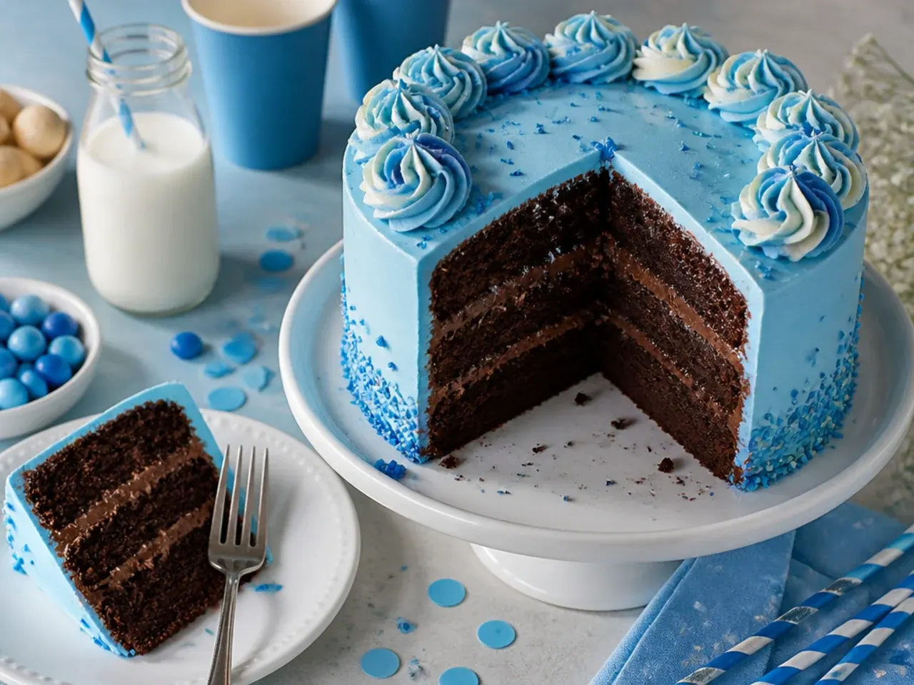 Rich chocolate layer cake with a blue buttercream finish and visible dark ganache crumb coat