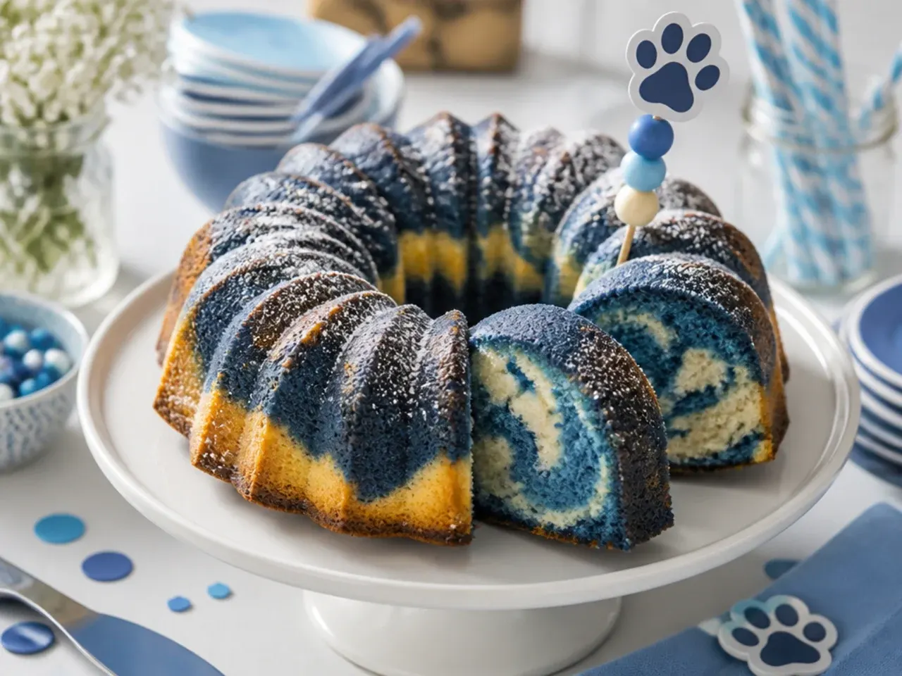 Bundt-shaped cake with blue glaze dripping into the ridges and white edible pearls in the centre