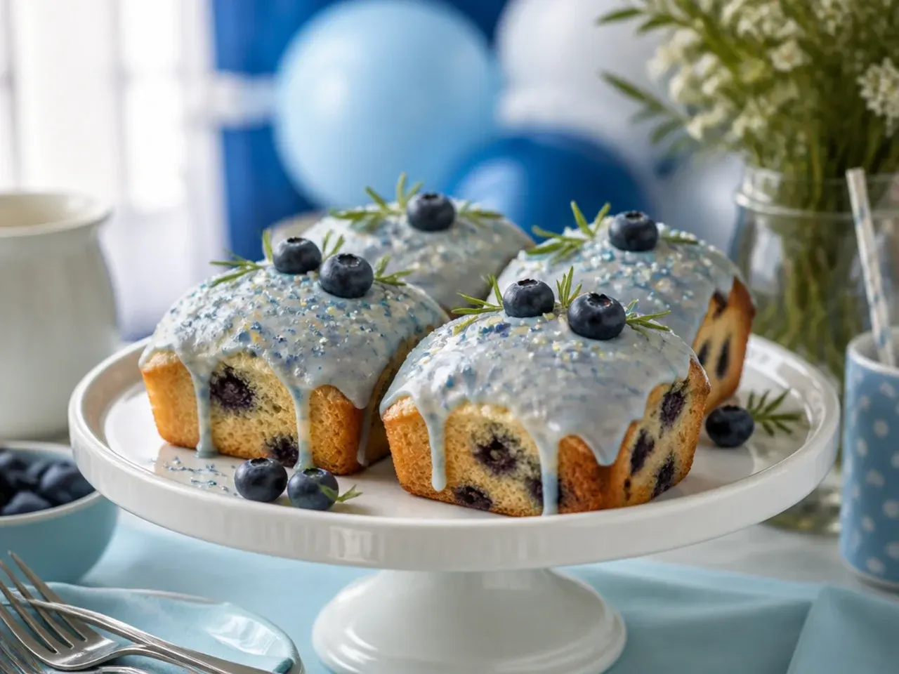 Row of small loaf cakes iced in blue buttercream with fondant paw prints, wrapped individually