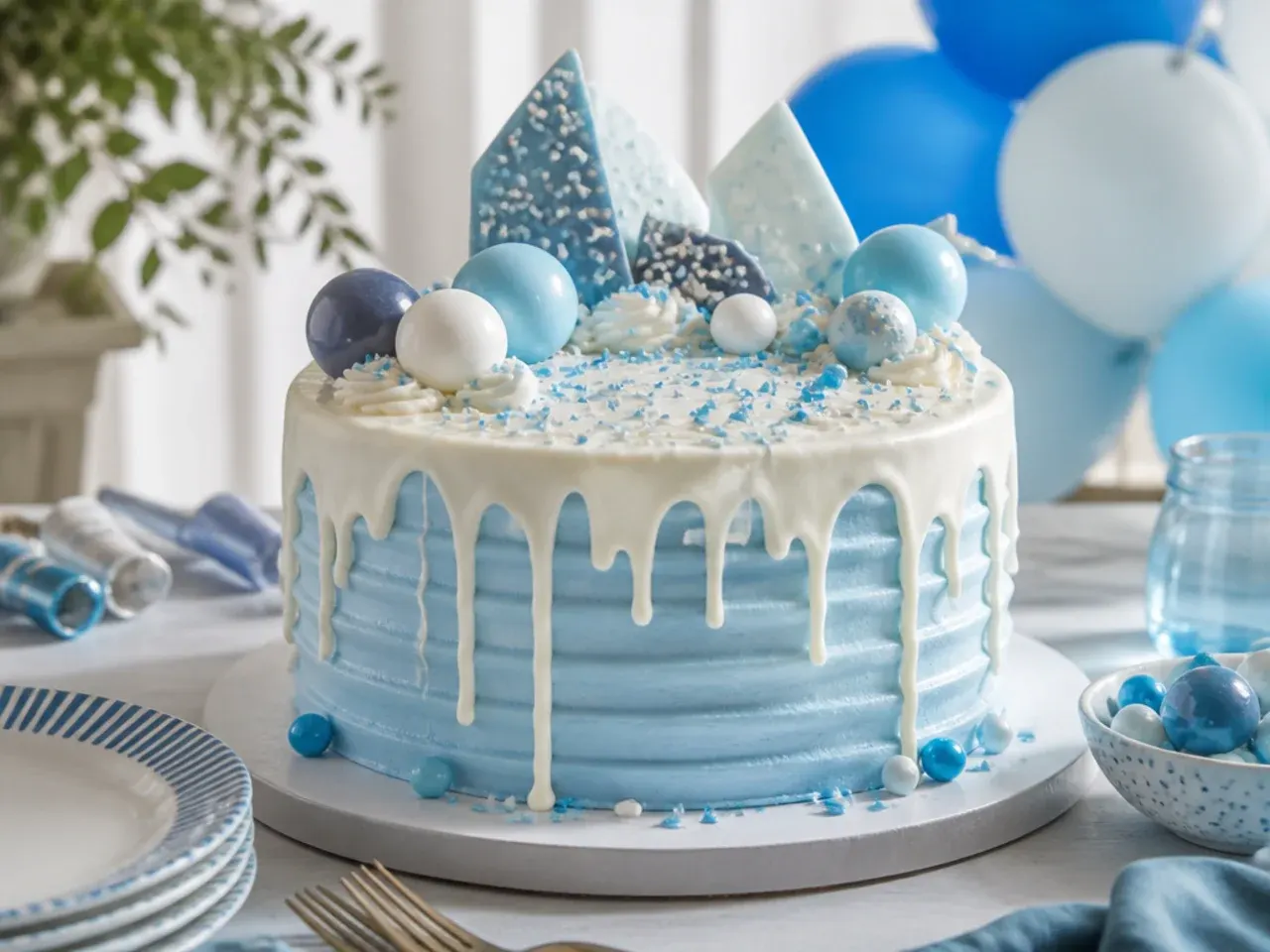 Slice of blue buttercream cake served on a plate with blueberries and orange segments alongside