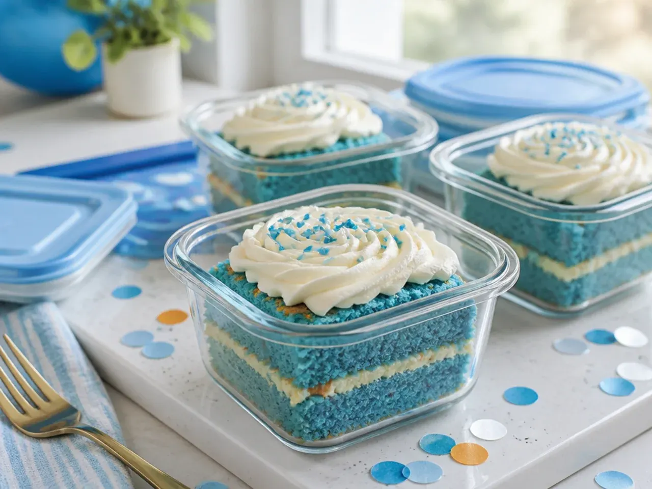 Frosted blue buttercream cake stored under a glass cake dome on a kitchen counter