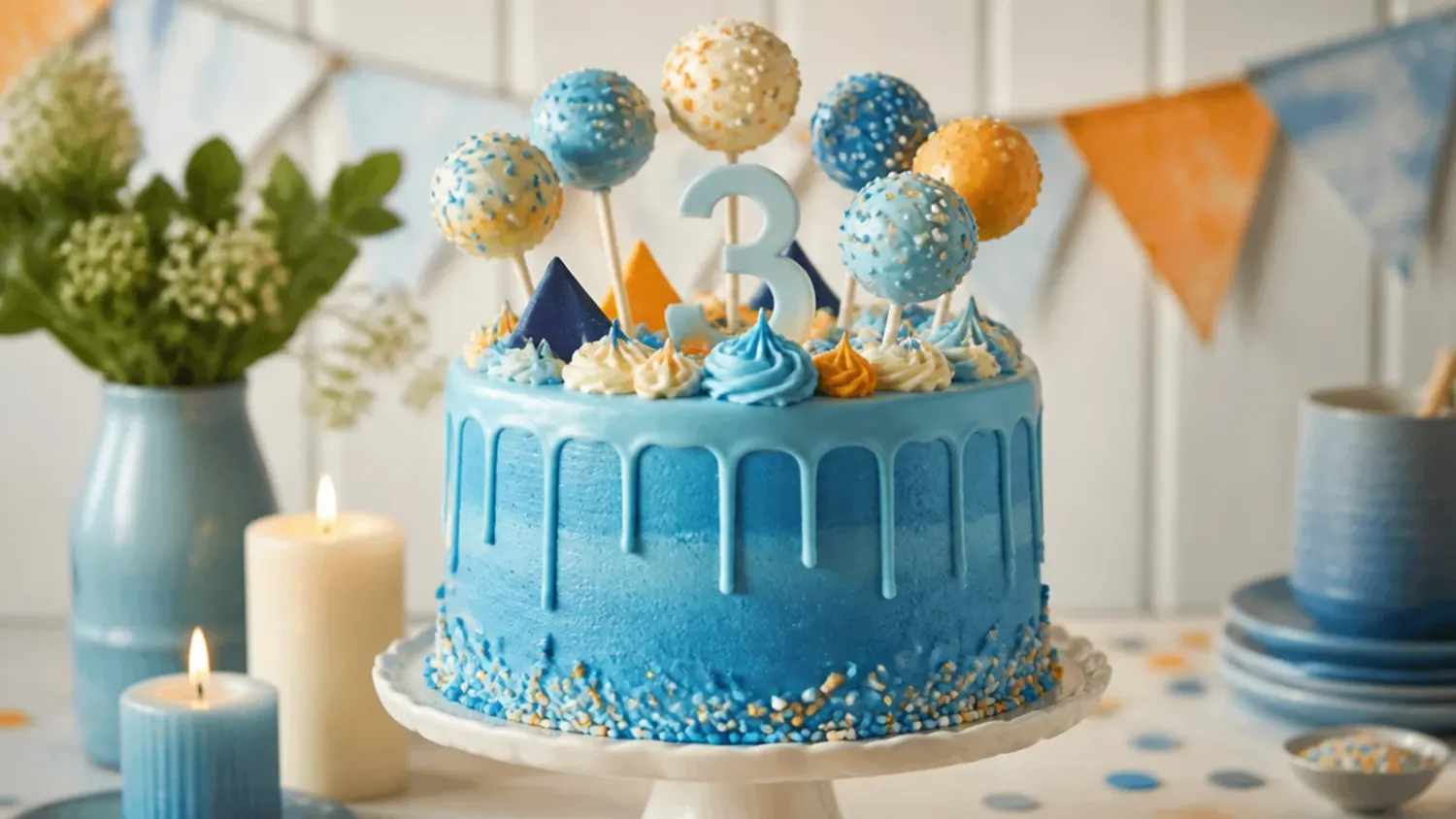 A tray of blue and orange cake pops decorated with fondant paw prints and floppy ear shapes, arranged in a styrofoam block for a puppy-themed birthday party