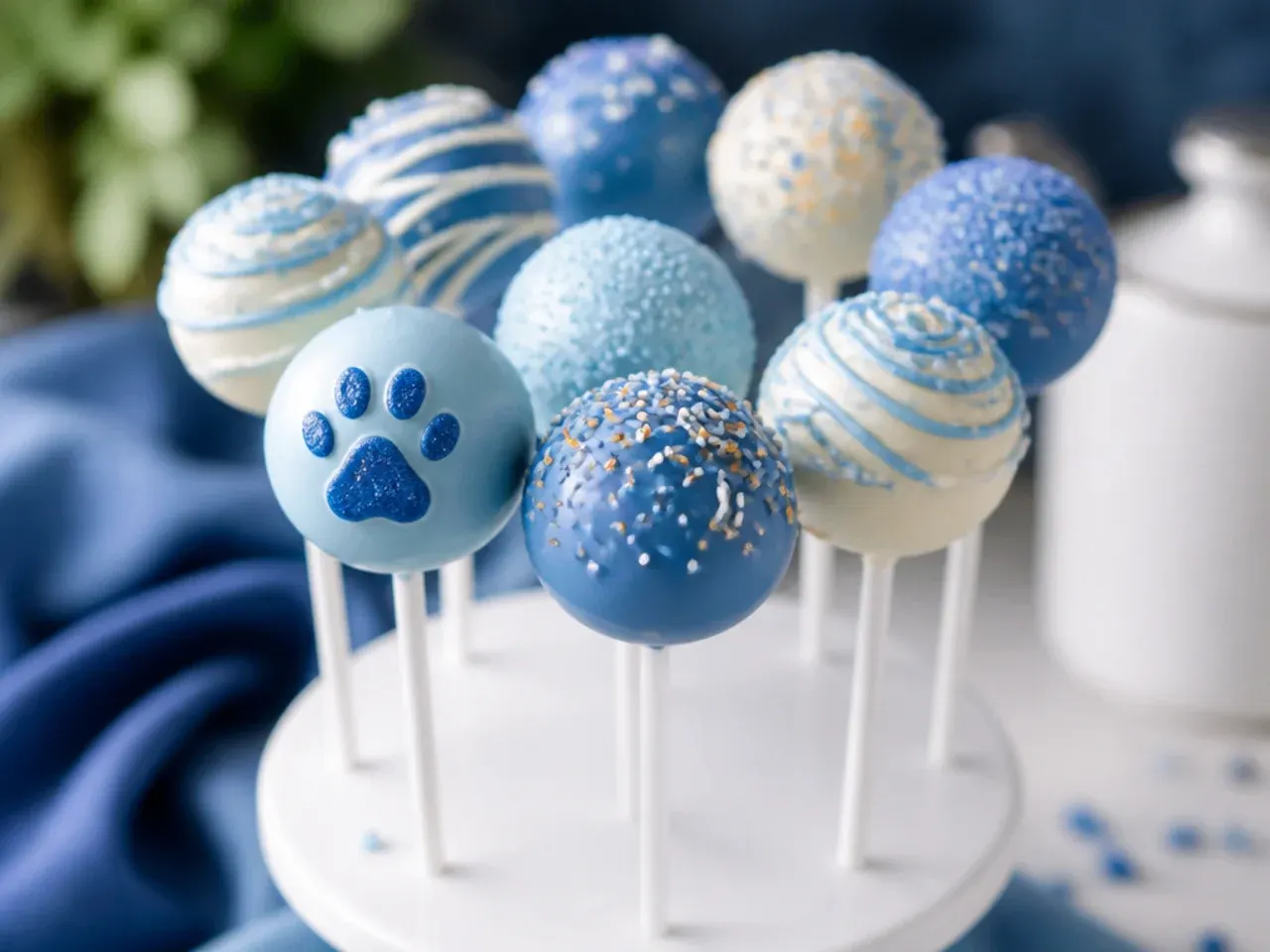 Overhead shot of blue, orange and white cake pops on a wooden party table