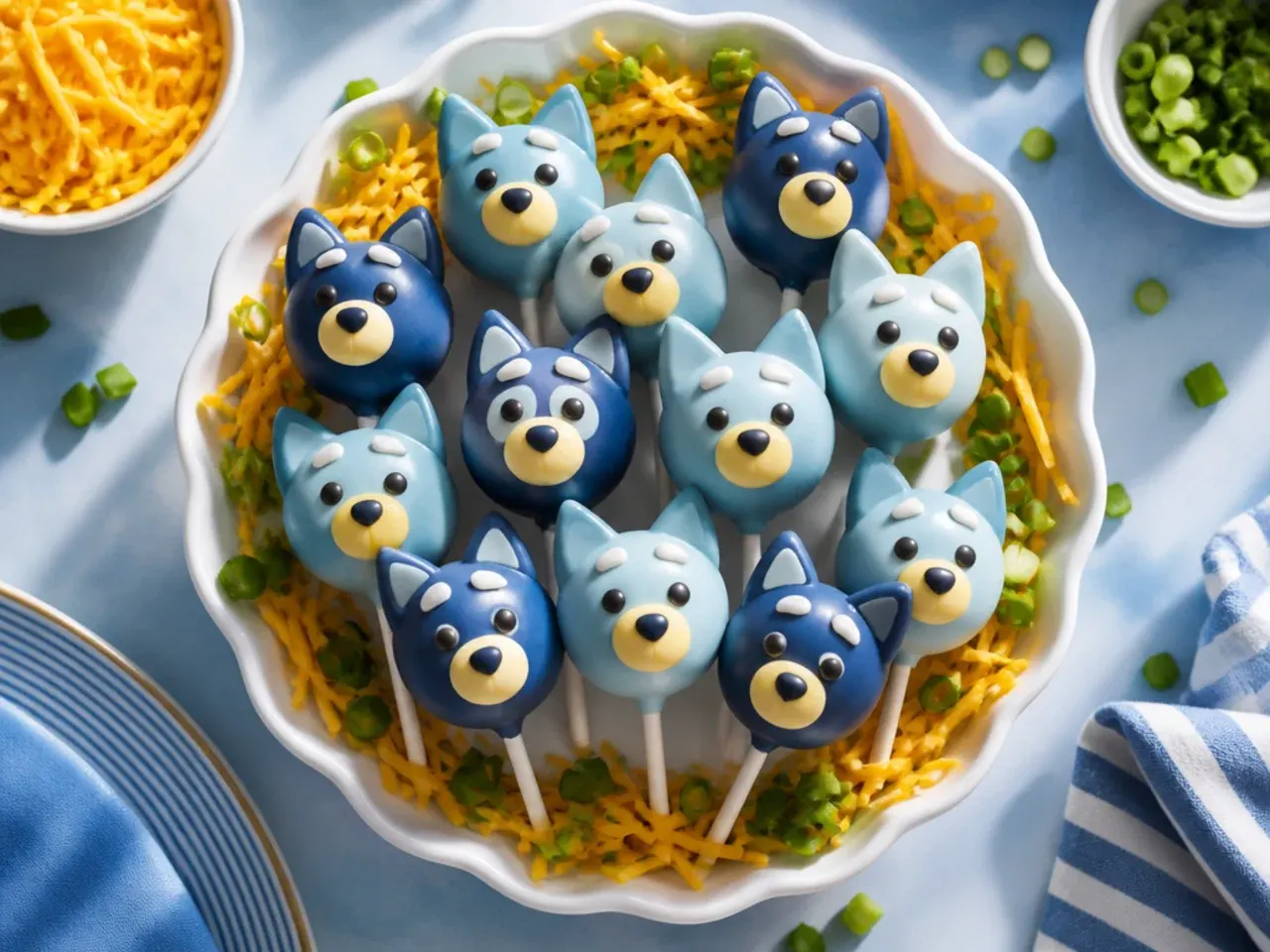 Close-up of a blue cake pop with floppy brown fondant ears and black icing eyes