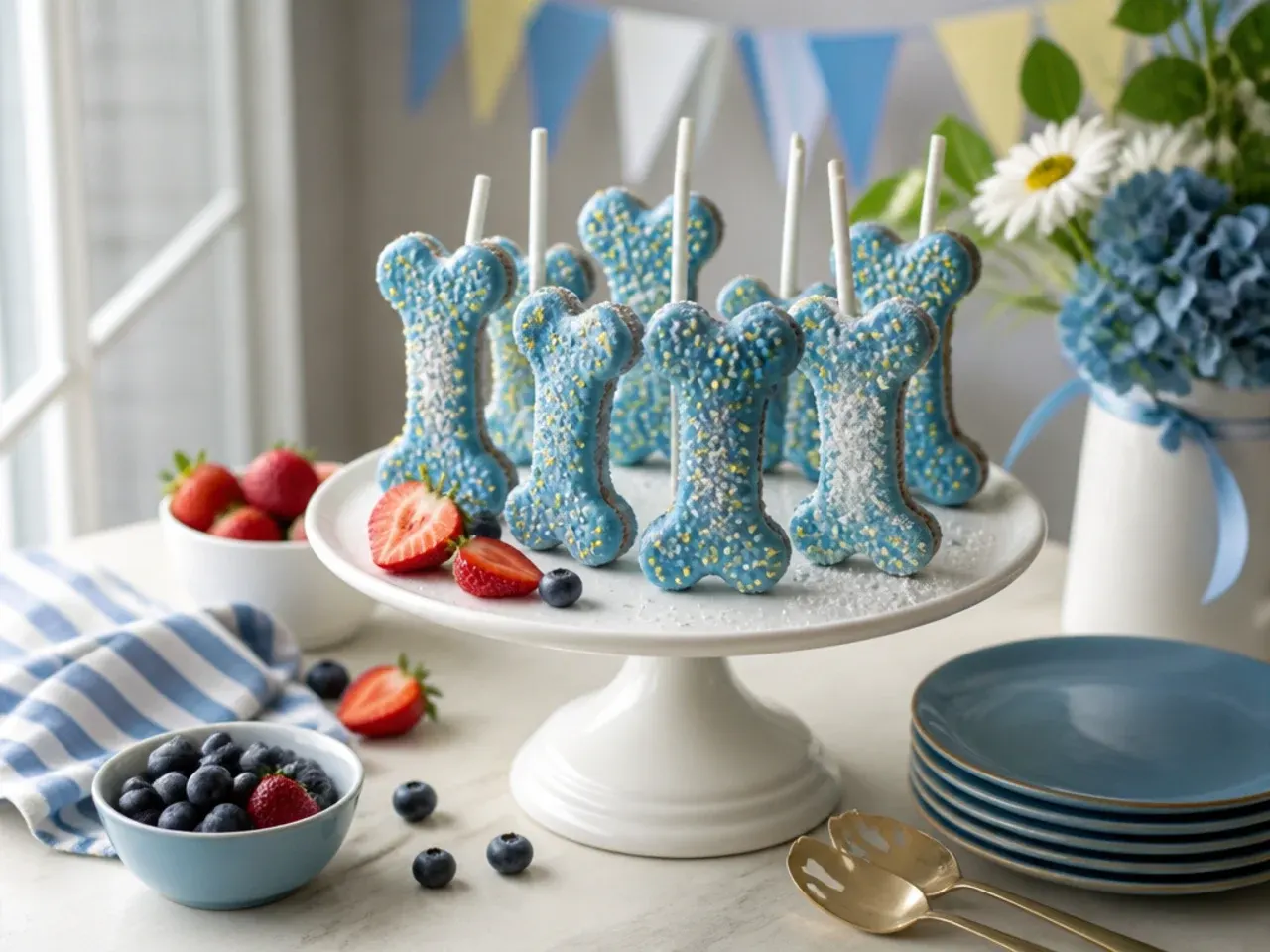 White chocolate bone-shaped cake pops decorated with blue and orange sprinkles