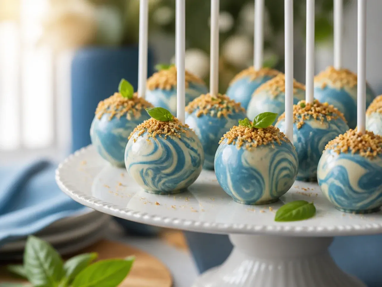 Marbled blue and white swirl pattern on a dipped cake pop