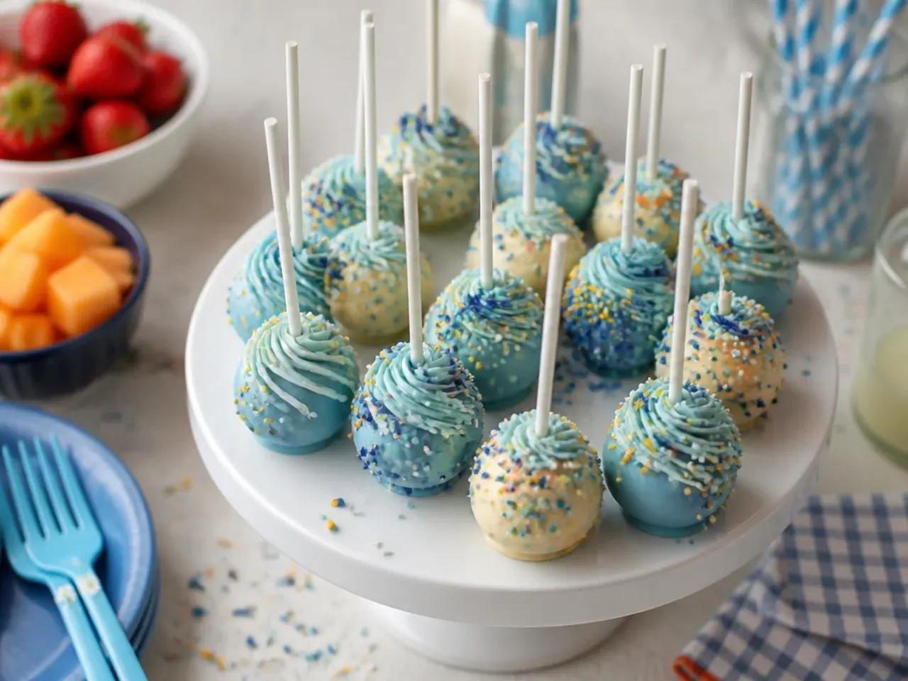 Cake pop rolled in a mix of blue, orange and white sprinkles