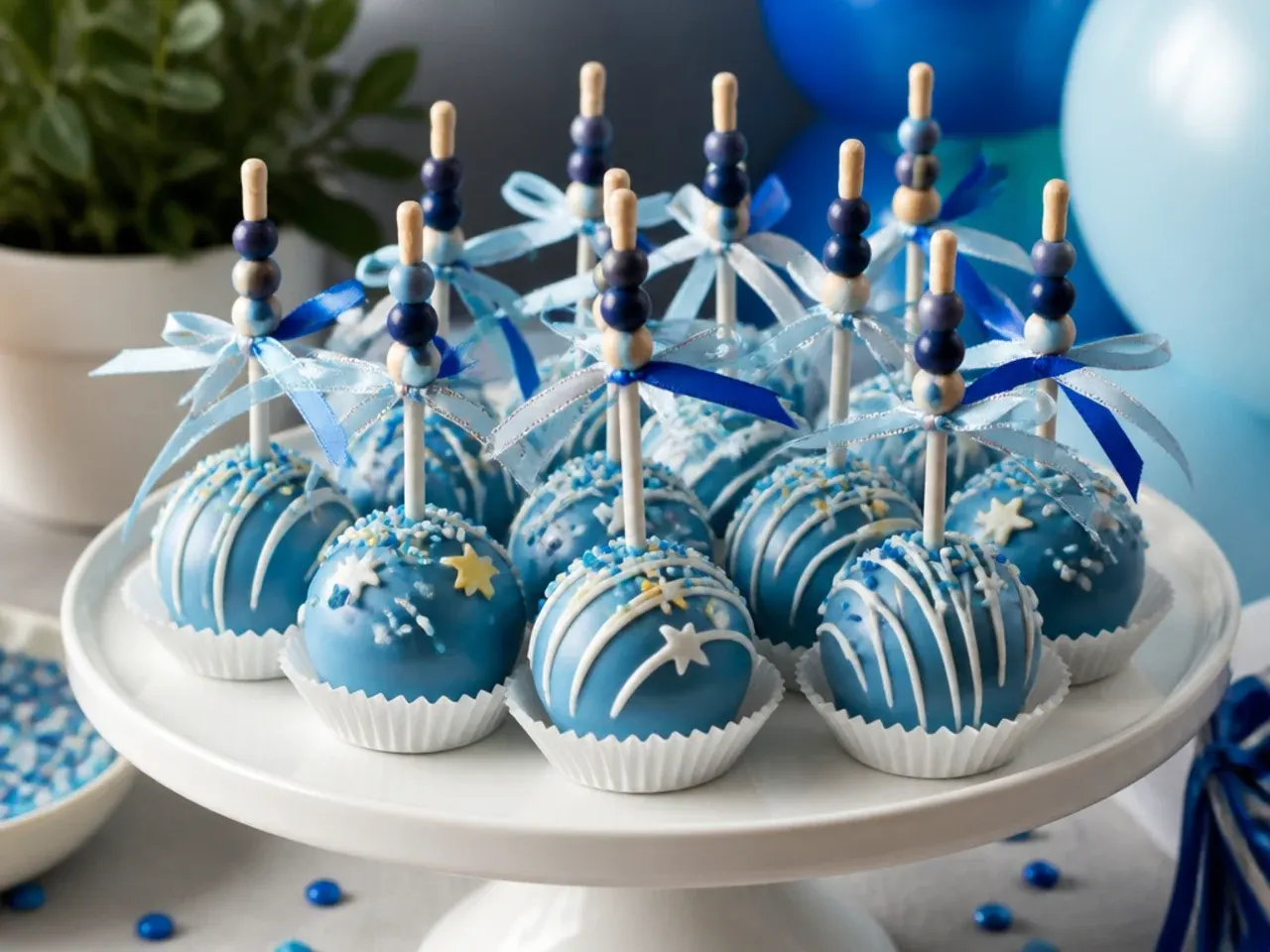Cross-section of a blue velvet cake pop showing the blue-tinted sponge inside
