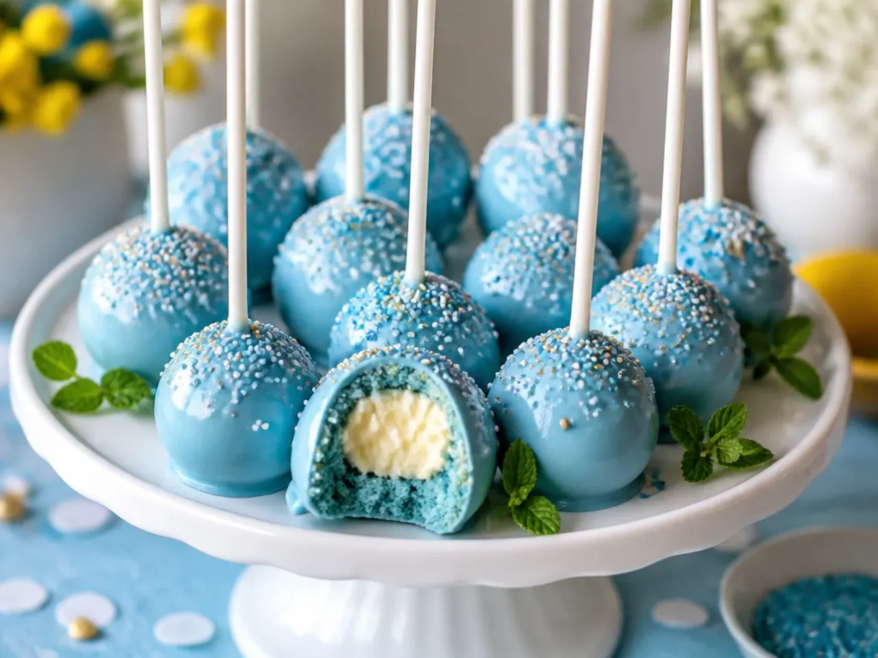 Cake pop cut in half showing a moist cream cheese-bound centre