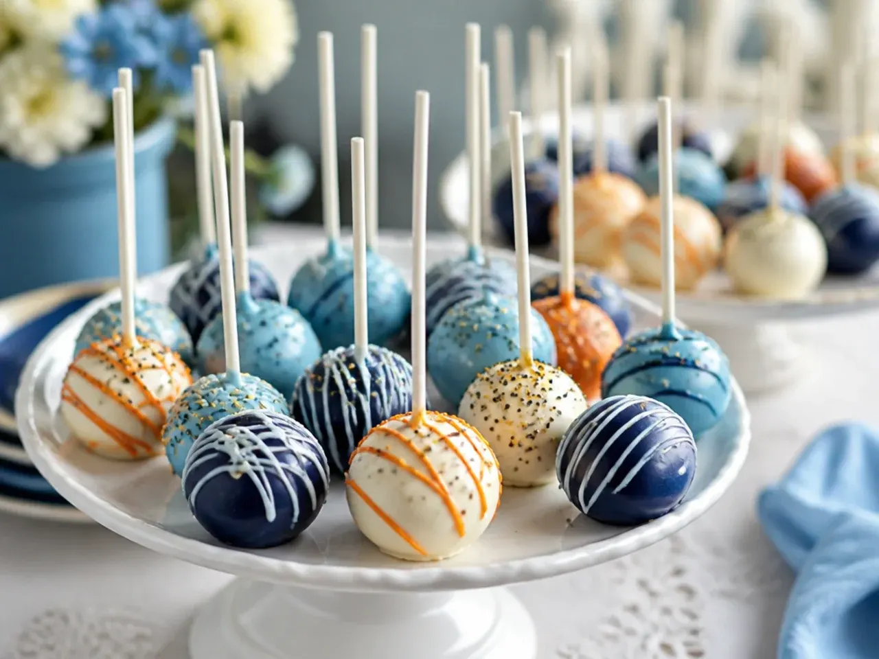A mixed stand of blue, orange, red and cream cake pops together