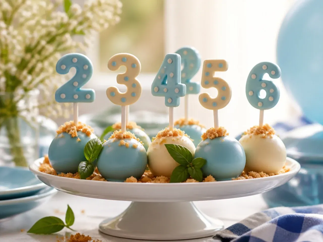 Cake pop shaped into a birthday numeral coated in blue candy melts