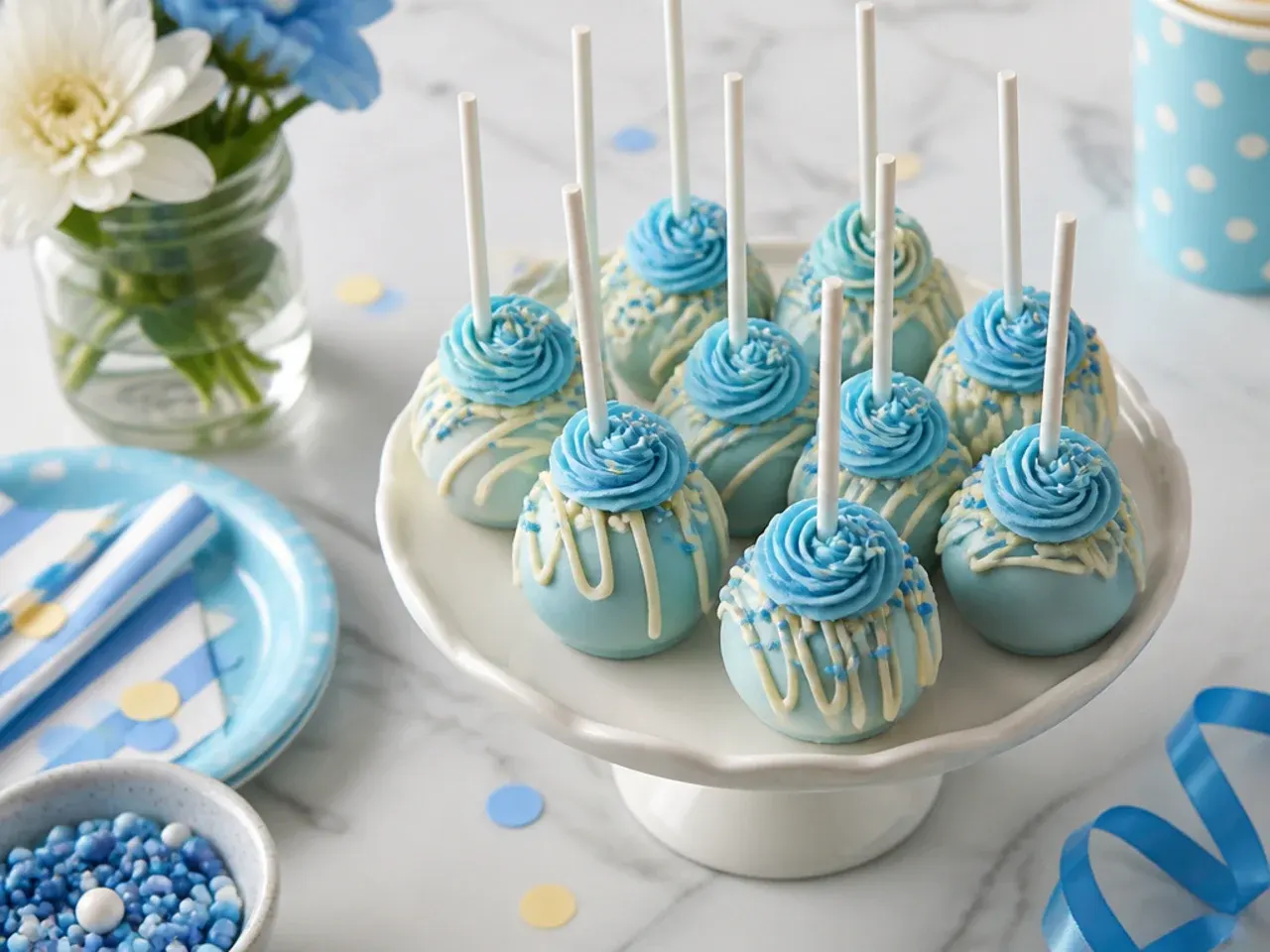 Donut holes on lollipop sticks dipped in blue candy coating