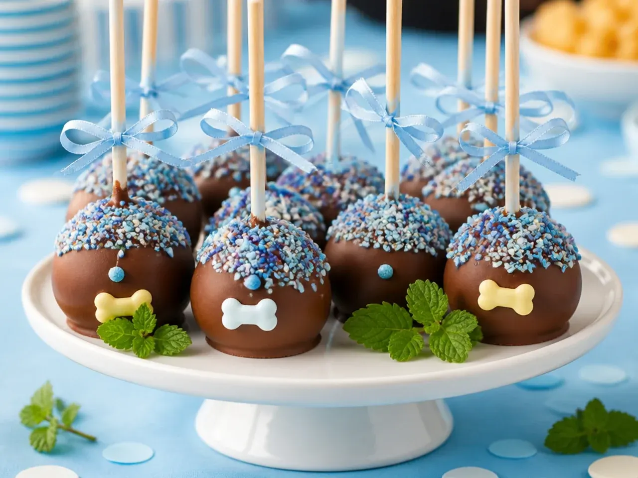 Chocolate cake pop with dark fondant ears and a blue candy shell