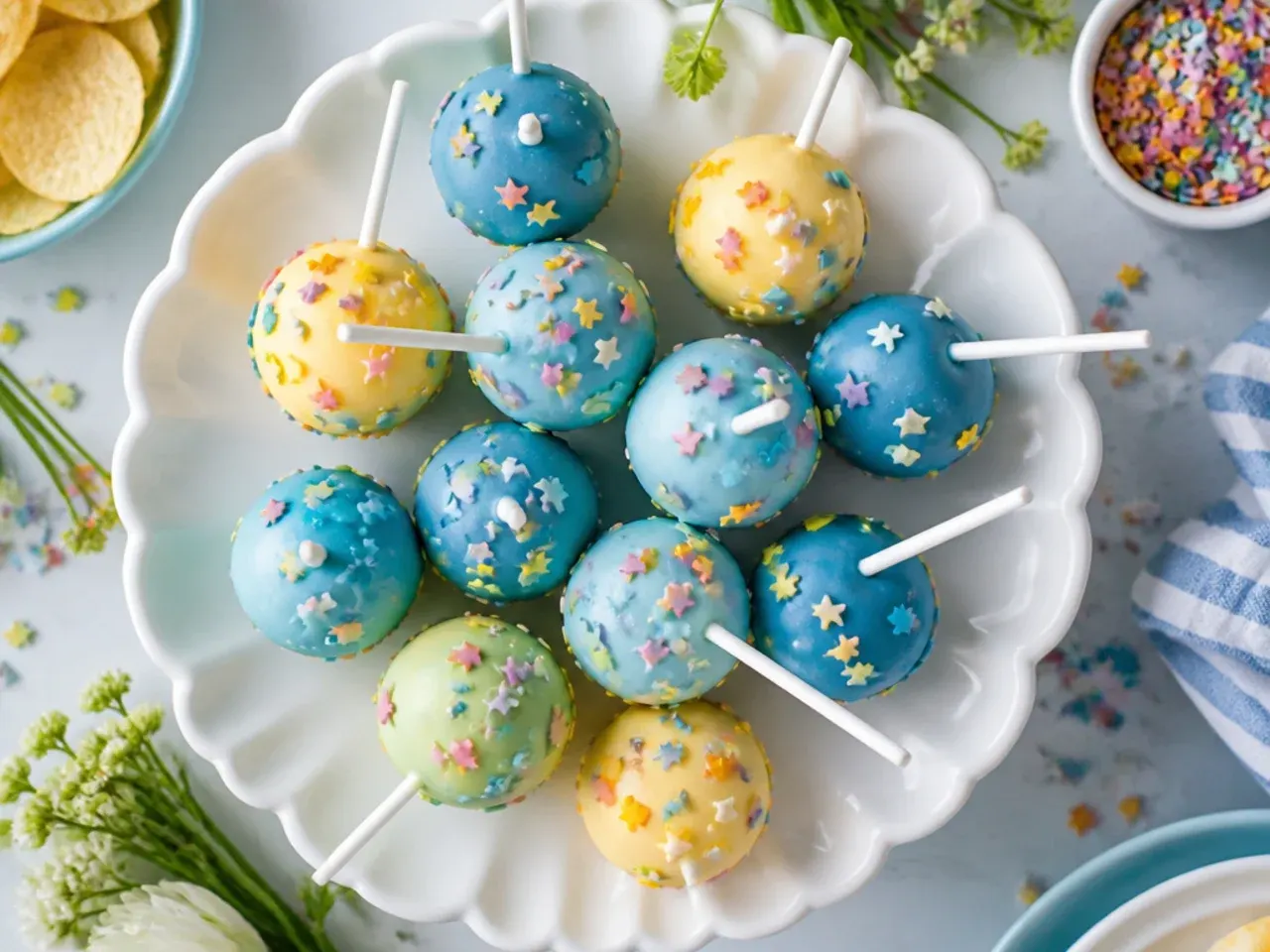 White cake pop scattered with small star-shaped rainbow sprinkles