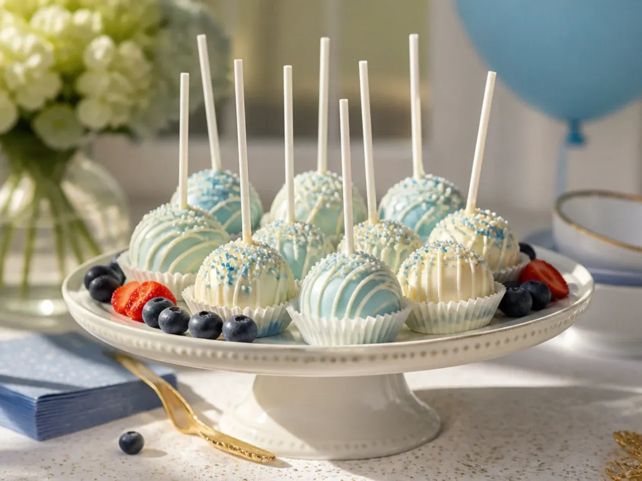 White chocolate cake pop with a thin blue drizzle pattern across the top
