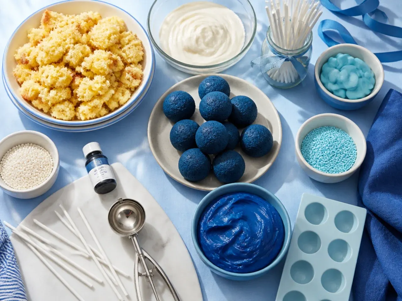 Hand dipping a cake pop stick into melted blue candy coating