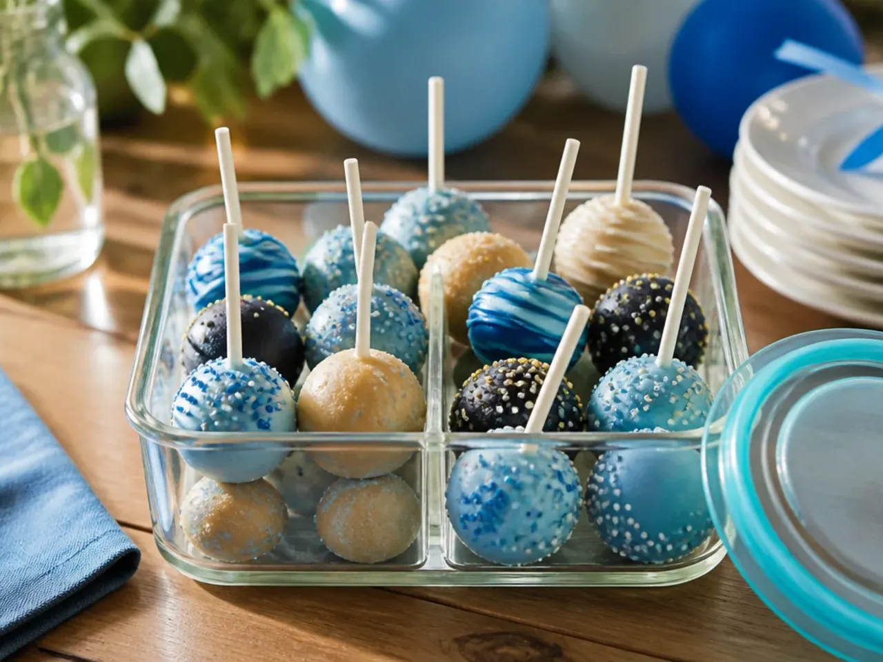 Cake pops stored flat in an airtight container lined with baking paper