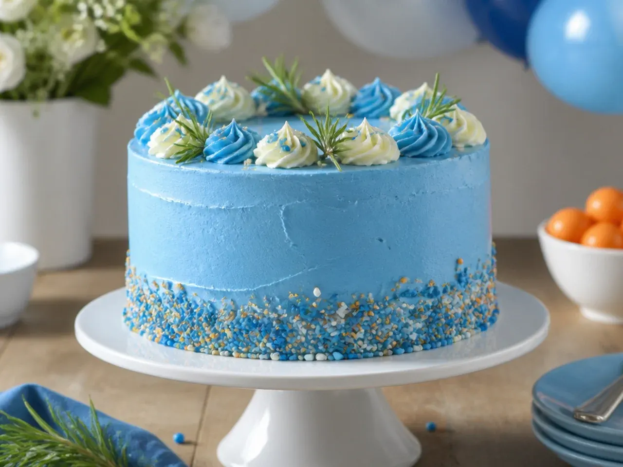 Close-up of a light blue iced cake with white fondant paw prints and an orange fondant bone decoration