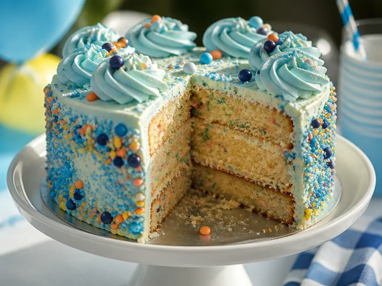 A slice of blue and white layered sponge cake on a plate showing a moist, even crumb