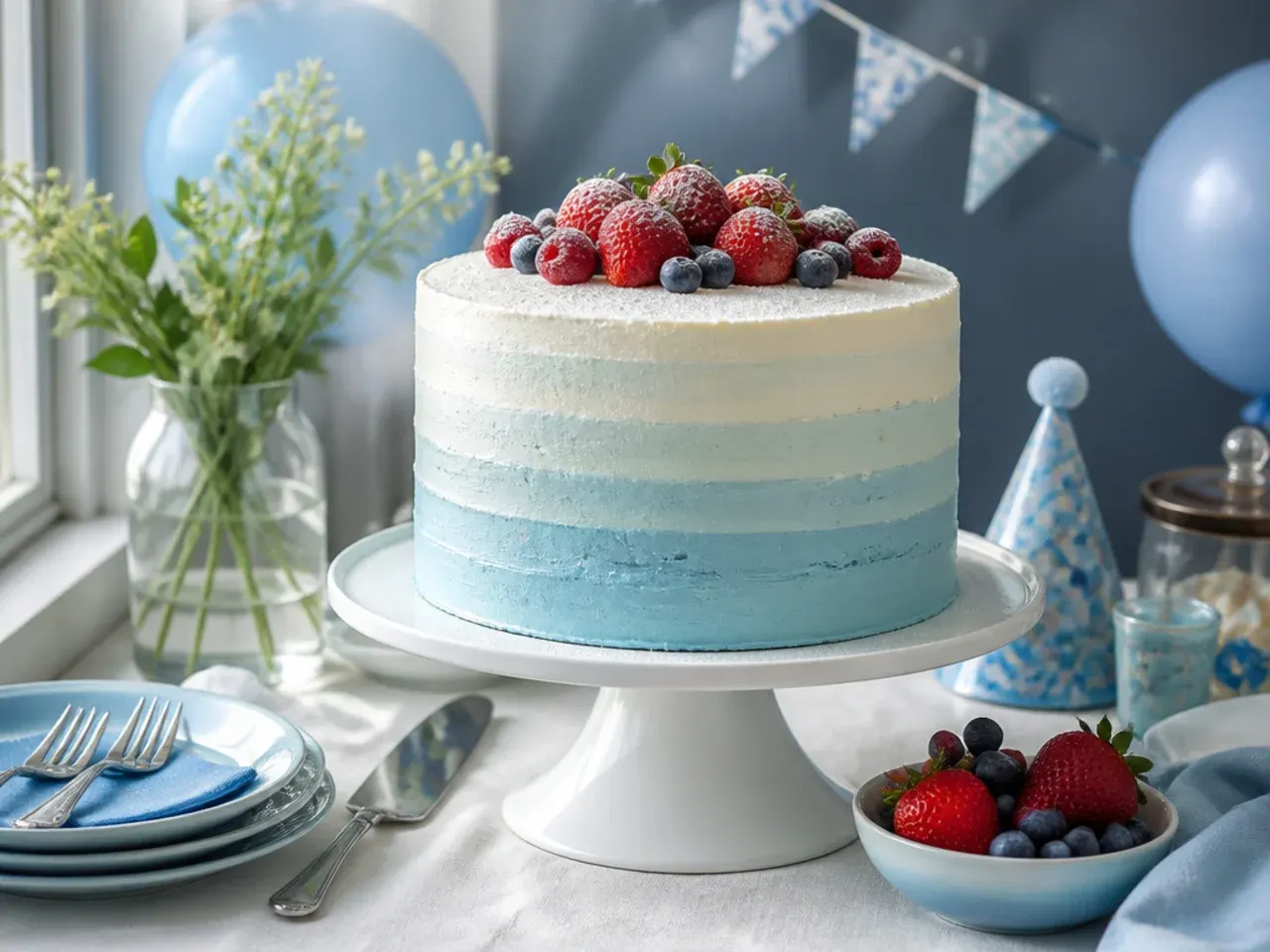 A parent piping blue buttercream onto a cake at a kitchen counter with a timer visible nearby