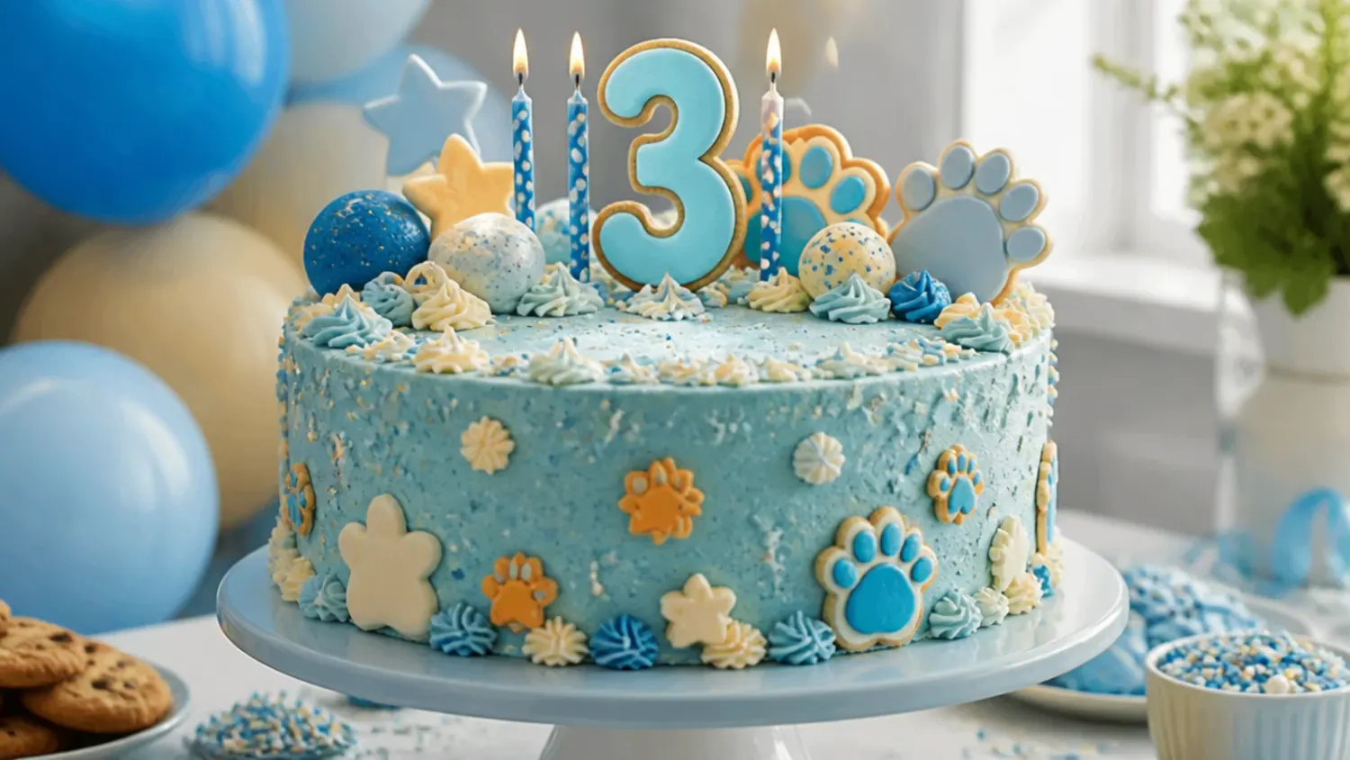 A giant round cookie cake iced in blue and orange buttercream with piped paw prints, sliced and ready for a birthday party