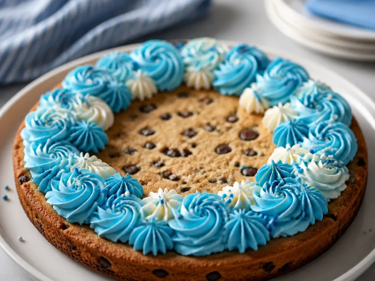 Overhead shot of a giant chocolate chip cookie cake next to bowls of blue and orange buttercream