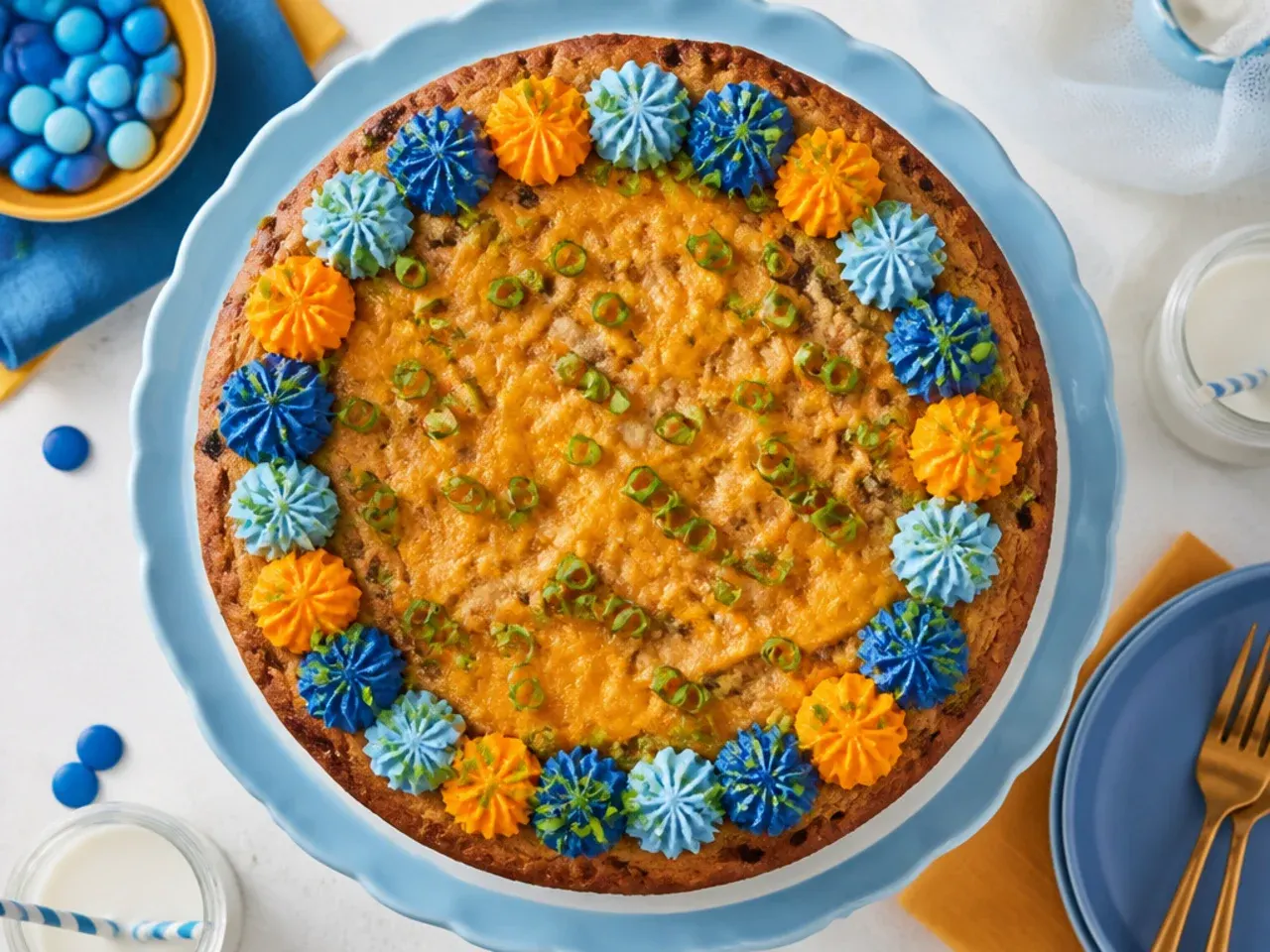 Round cookie cake with a blue centre, orange piped border and brown paw prints