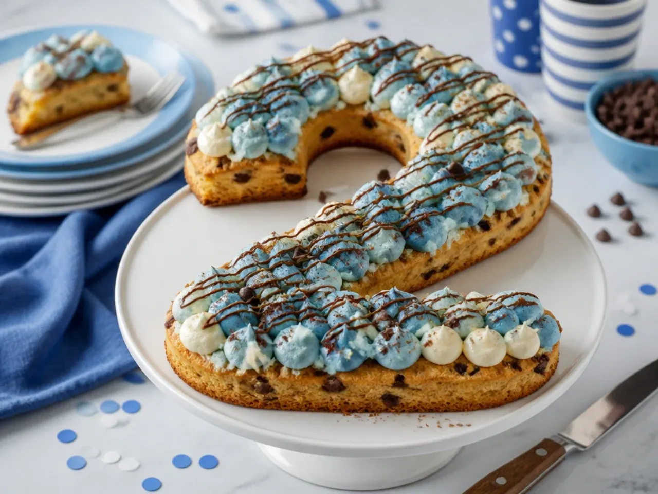 Cookie cake baked in a number-shaped tin and iced blue with an orange outline