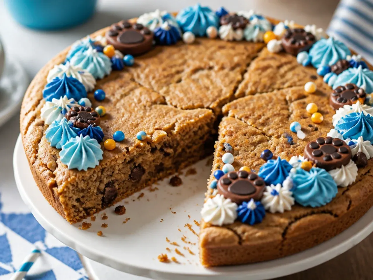 Close-up of a cookie cake edge piped with a ring of alternating blue and orange paw prints