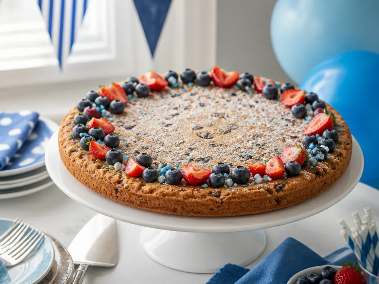 Cookie cake with a glossy pale blue glaze and a thin orange piped spiral on top