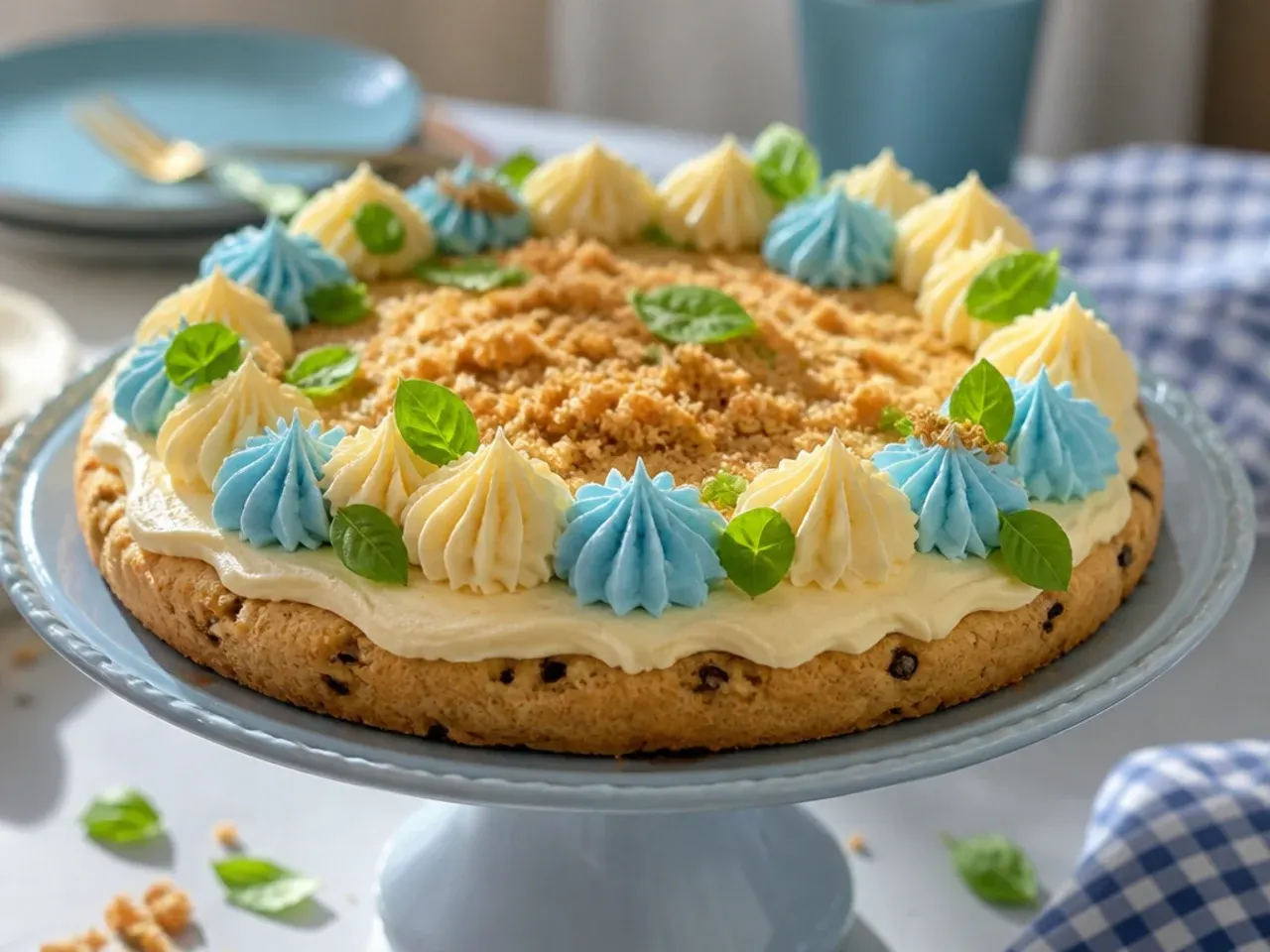 Cookie cake with tall alternating blue and white buttercream swirls around the edge