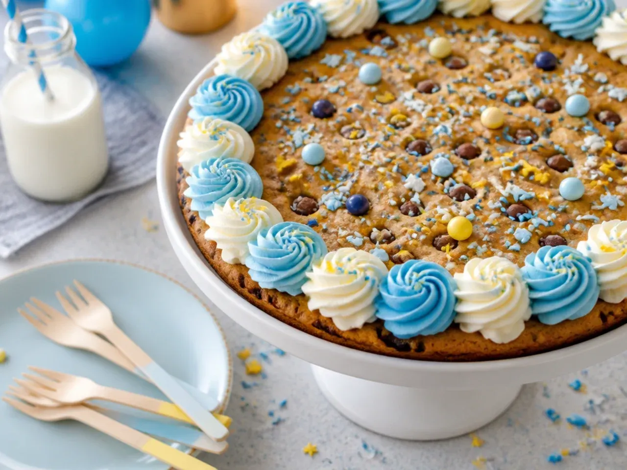 Cookie cake generously covered in blue and orange sprinkles and star-shaped candy pieces