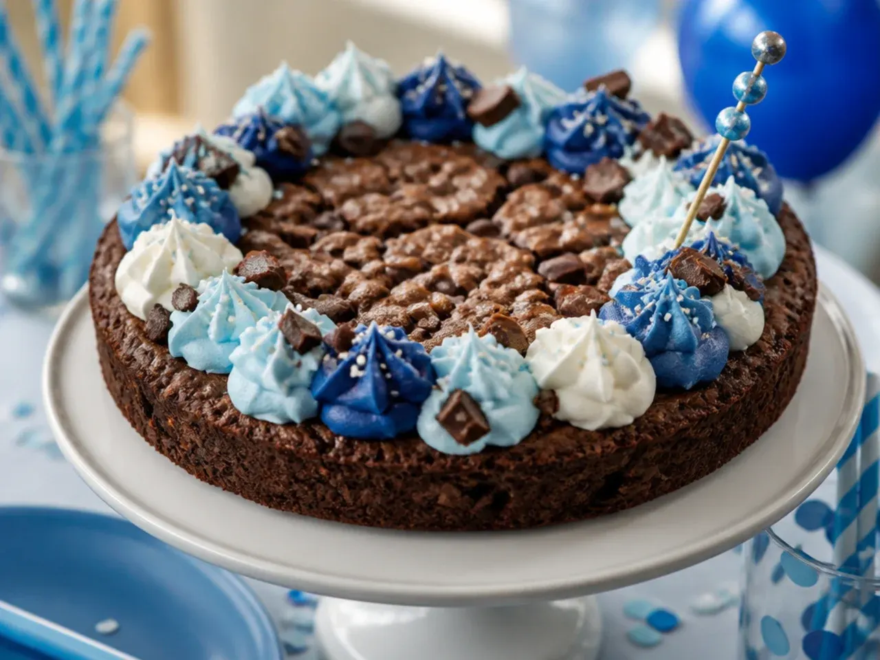 Slice of dark chocolate cookie cake showing chocolate chips against blue buttercream topping
