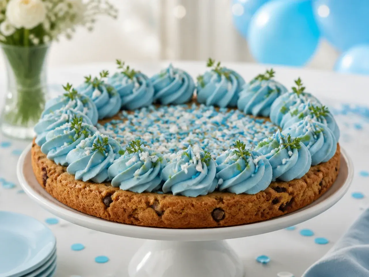 Cookie cake topped with pale cream cheese frosting piped in small dots