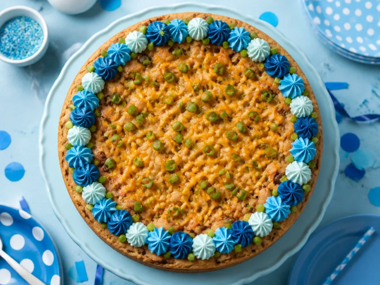 Simply iced blue cookie cake with orange sprinkles on a plain kitchen table