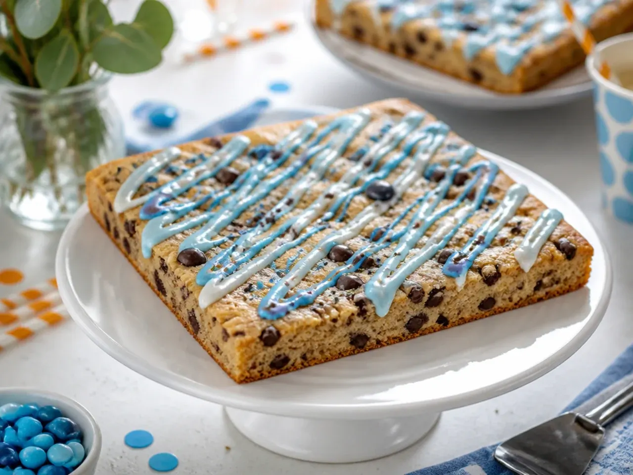 Large rectangular sheet pan cookie cake iced in horizontal blue and orange stripes