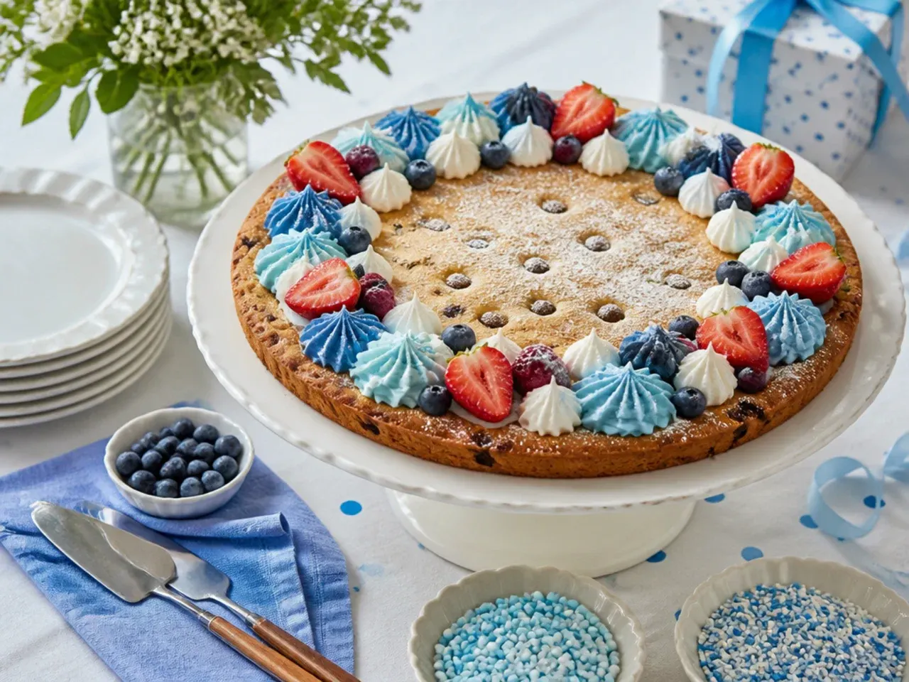 Children's hands decorating a cookie cake with bowls of blue and orange buttercream nearby