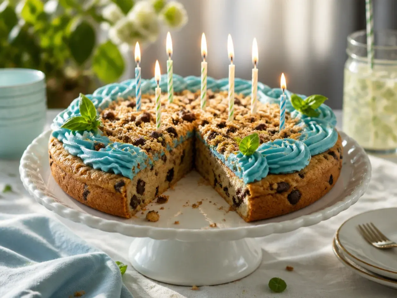 Cookie cake with piped Happy Birthday message, blue border and lit candles around the edge