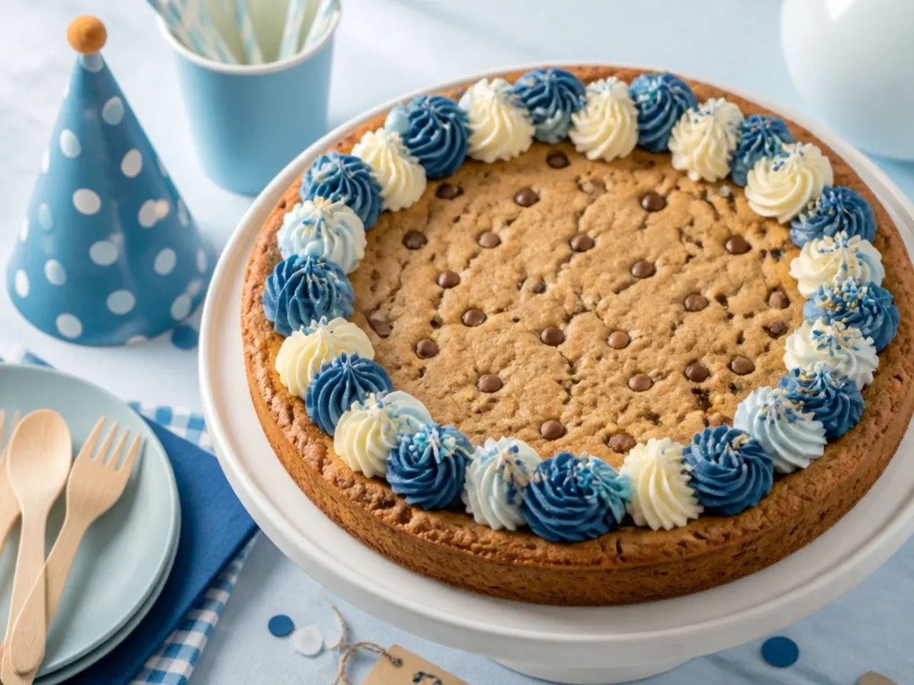 Quickly marbled blue and orange buttercream swirled across a warm cookie cake