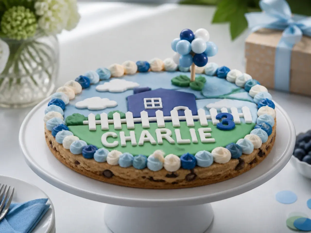 Cookie cake topped with a homemade blue fondant dog silhouette and white fondant paw prints