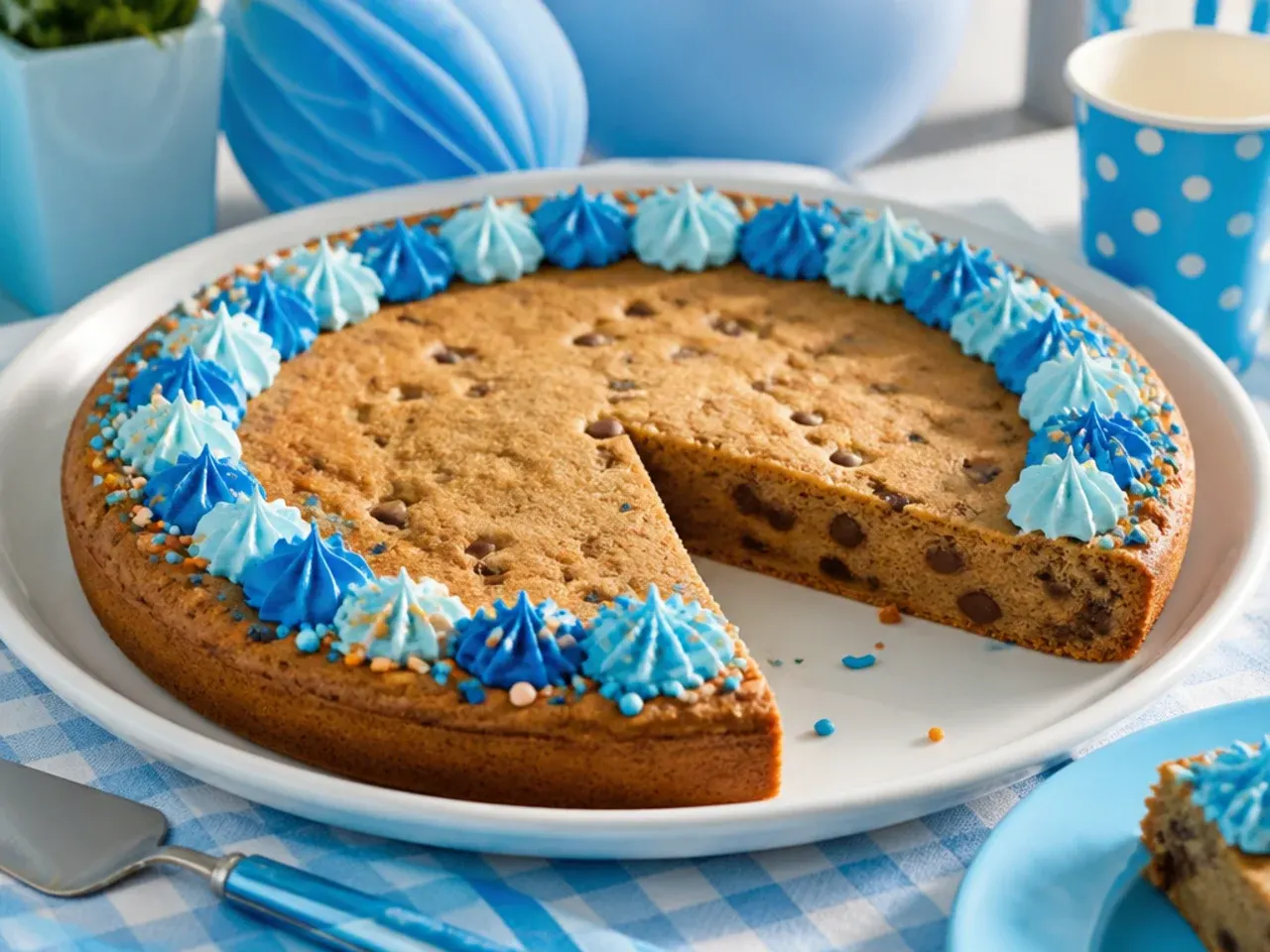 Wedge of decorated cookie cake served on a plate with a scoop of vanilla ice cream